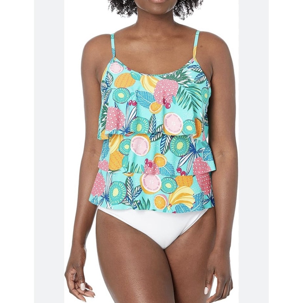 Swim Top Caribbean Joe Sz 14 Tankini Blue Tropical‎ Floral & Fruit Beach Resort